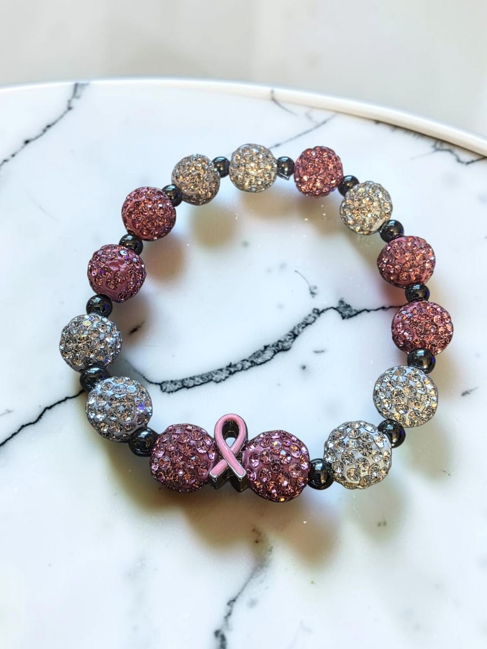 Pink and Clear Crystal Bead Breast Cancer Awareness Stretch Bracelet